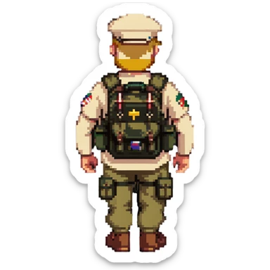 adventurer with goatee beard (no beard on cheeks), short hair, glasses, backwards military tan cap and backpack sticker