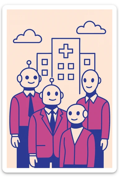 flat illustration of several robots in business attire, grouped together in front of a digital office building, with a prominent plus sign, using Slack's brand colors, for a new customer organization created Slack webhook bot sticker