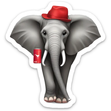 Elephant wearing red holding a Red Bull sticker