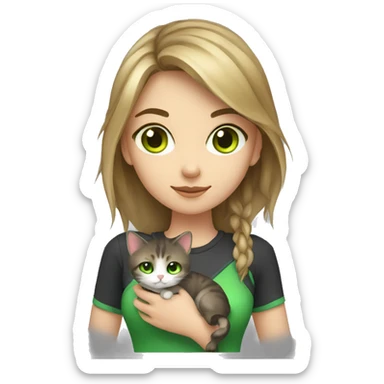 gamer girl with dark blond hair and green eyes, holding a cat tricolor sticker