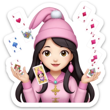 pixel art chibi asian girl with dark long hair in pink bunny hat magical girl with tarot cards thrown in air pixel emoji sticker