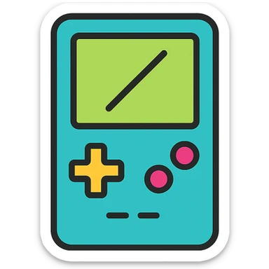 GameBoy, color outline icon, black outlines with subtle color fills, clear buttons and screen, modern and friendly look sticker