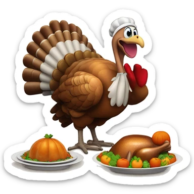 A happy turkey with plates of food in front of it with a cornucopia behind the turkey ￼ sticker