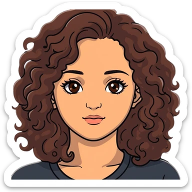 20-year-old woman with long curly brown hair, small hazel eyes, long eyelashes sticker