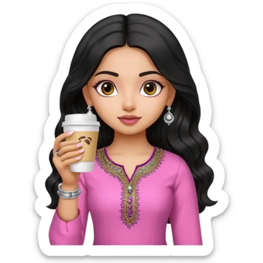 a pretty bratz fair indian girl wearing a pink kurti, drinking takeaway coffee. Silver jhumkas, black wavy hair sticker