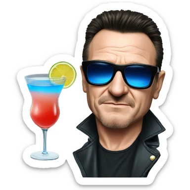 Bono with blue tinted sunglasses and a cocktail sticker