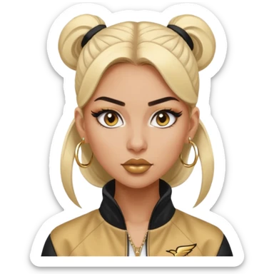 “Emoji girl, fierce confident expression, sharp winged eyeliner, bold brows, matte nude lips, long lashes, sleek high ponytail, wearing gold hoop earrings and sporty streetwear jacket.” sticker