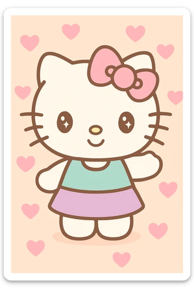 Hello Kitty with a pink heart background, sweet and simple cartoon style sticker