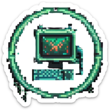 Minimalist technical pixel art IT support badge, bright colors, computer chip design sticker