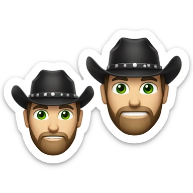 Caucasian male with green eyes, a dark beard dressed as a cowboy with short hair wearing a cowboy hat black sticker