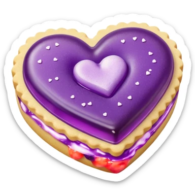 Realistic shortbread cookie in the shape of a heart with purple pastel jelly middle filling and sprinkled powder sugar on top. sticker