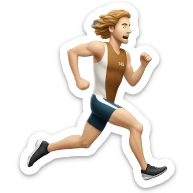 white male athlete running with a flowing, brown mullet sticker