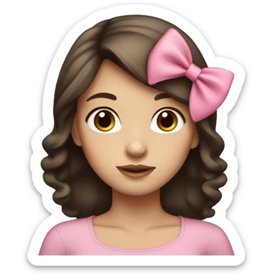 Girl with long dark brown hair pink bows round face  sticker