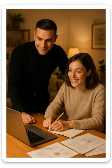 a man and woman work together on a project at home, with the man offering guidance and the woman actively participating and contributing ideas. Their expressions show teamwork and satisfaction, highlighting the benefits of collaboration and shared leadership. The setting is warm and inviting. sticker