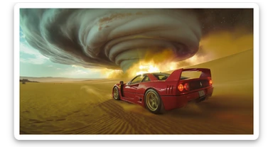 Cinematic still of a ferrari f40 around tornado od arizona desert, sun flare, captured by gopro hero with effect fisheye, water drops on car body, detailed, inspired by interstellar look, captured by a Super-16 sticker