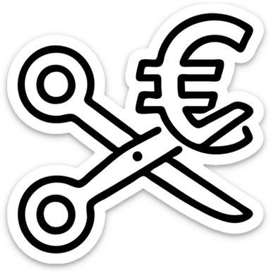 icon style illustration representing cost cutting, scissors cutting a euro symbol, clean and simple design sticker
