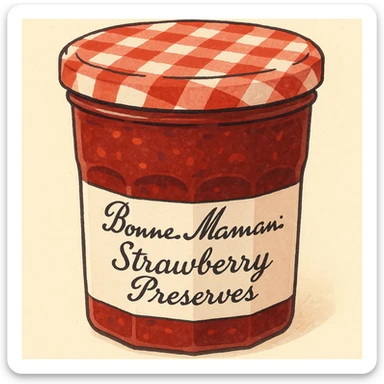 a jar of Bonne Maman jam, with its iconic red and white checkered lid, clear glass jar, and handwritten-style label, in a friendly, inviting illustration style sticker