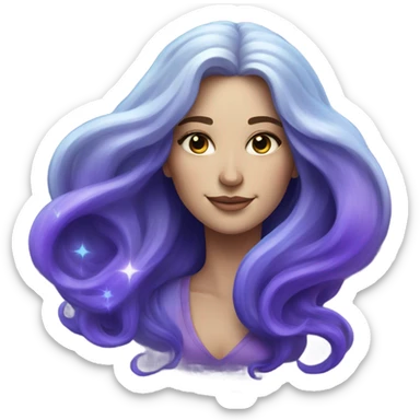 white woman with sparkling galaxy hair with moon and stars in purple and blue shades sticker