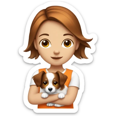girl with brown hair holding a cute papillon orange and white sticker