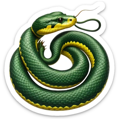 A photo-realistic top-down view of a Green Anaconda tightly coiled in a spiral, with its broad, flat head resting at the center. Its thick, muscular body is olive-green and covered in symmetrical, bold black oval spots that stand out against its smooth scales, creating striking natural camouflage. sticker