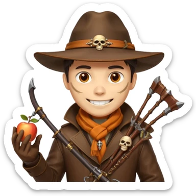 male human monster hunter emoji, wearing brown leather coat and wide hat, holding crossbow, with amulet shaped like skull, Halloween fantasy theme, confident smile, orange scarf, Apple emoji style, clean white background, square image sticker