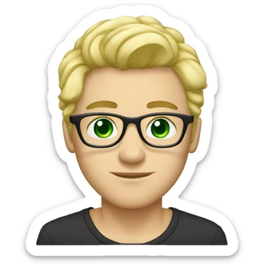 male, nose-piercing, cold blond hair, glasses, green eyes, black-t-shirt sticker