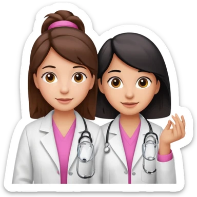 cientificas con blusa rosa y bata blanca felices, una chica con pelo marrón y otra chica un poco mas pequeña con pelo negro, deben tener la piel un poco brinceadas sticker