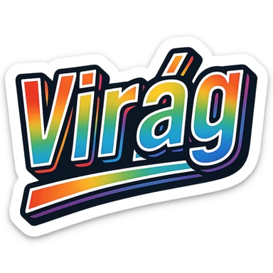 The name 'Virág' in modern, precise Hungarian letters with a rainbow gradient color fill, extra thick white letter outline, dark contour, transparent background, dynamic slanted underline, in the style of the sample images. sticker
