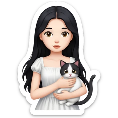 beautiful girl with long black hair wearing a white dress holding a cat in her arms sticker