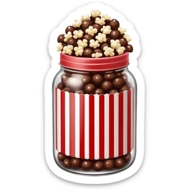 Chocolate popcorn in a jar with red and white vertical lines sticker