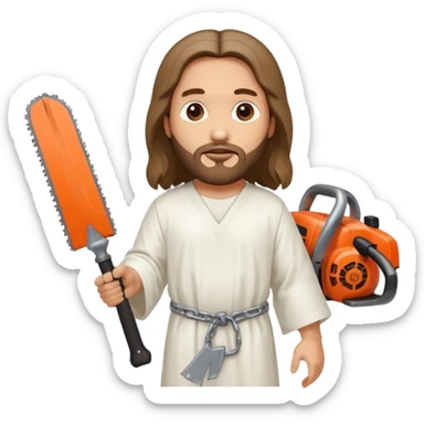 Jesus Christ in white robes and with two chainsaws instead of hands sticker