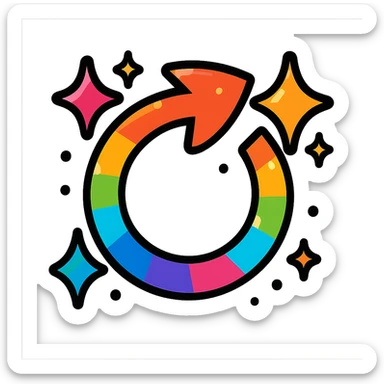 a respawn icon circular arrow with sparkles and a rainbow gradient, vibrant toon style, for a chaotic inclusive gaming group sticker