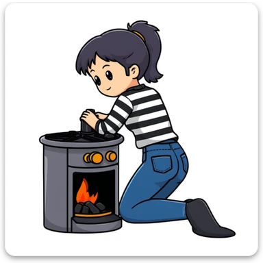 Metal cylindrical coal stove with a girl cleaning it while kneeling, seen from behind, wearing jeans and a striped shirt sticker