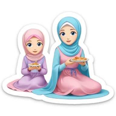 Turkish beautiful finish Konya girls blue eyes with pastel hijab long tail dress and the two friends sits on the chair on the ground and eating the food in the restaurant  sticker
