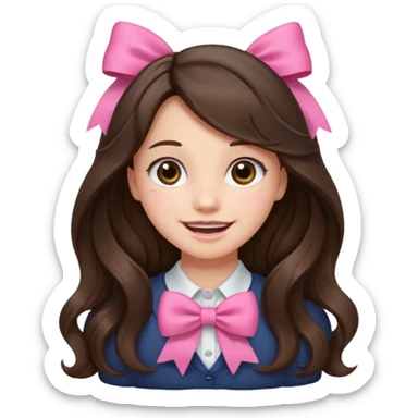 Brunette, long wavy hair, girl emotions and a pink bow sticker
