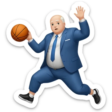 bald with white hair on side guy dunking basketball in suit but make him fat sticker