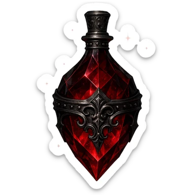 luxurious crystal elixir bottle, gothic and edgy style, dark red color, ornate black and silver details, sharp facets, magical glowing and sparkling effects, very small neck, seamless bottom, transparent background, bottle clearly floating in air, no base or shadow, modern, collection style sticker