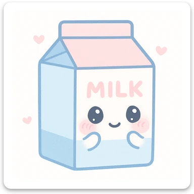 kawaii style milk carton with a shy face, tiny arms, and soft blue and pink colors sticker