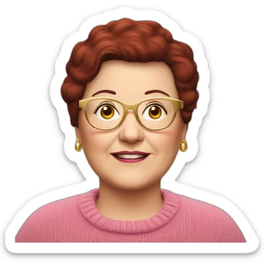 65 year-old Dutch chubby white woman with dark red colored short hair, pink sweater and gold glasses sticker