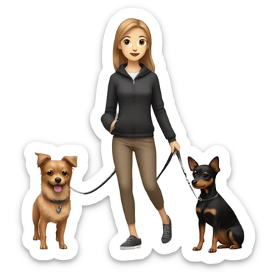 A light brown haired girl, walking one small black and tan miniature Pinscher and one big light brown Spitz on the lead sticker