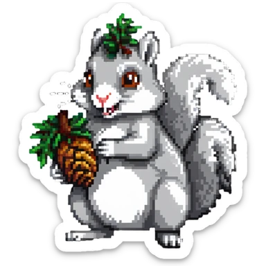 Greedy squirrel with big pine cone on head, weird creepy expression, hungry looking sticker