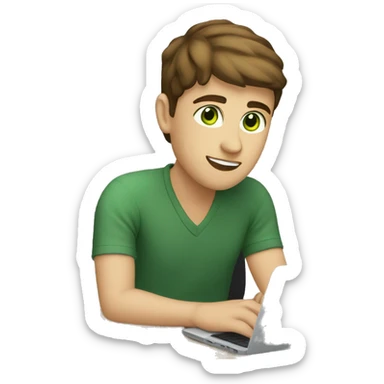 caucassian young man with short brown hair and green eyes working on laptop sticker