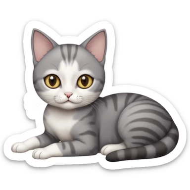 full body tiny short hair dark grey and white cat with white front legs anh azel eyes lying down sticker