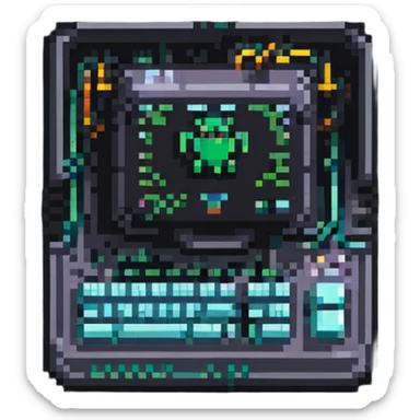 Minimalist technical pixel art IT support badge, bright colors, computer chip design sticker