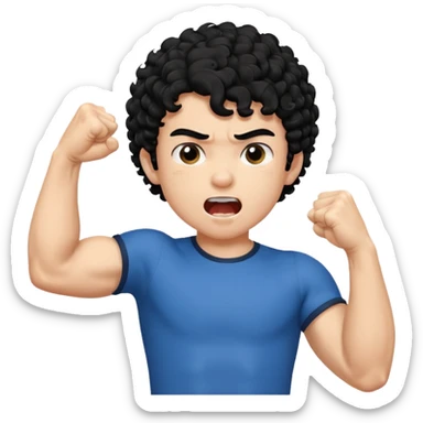 Emoji di ragazzo con capelli neri e ricci che urla e che fa vedere il muscolo del braccio e che fa questo gesto ✊🏻 sticker