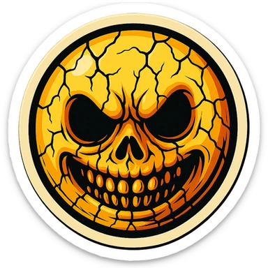 creepy scary emoji with cracks, retro stickers style, sharp black outlines, expressive shadows and highlights, no gradients, only sharp color transitions sticker