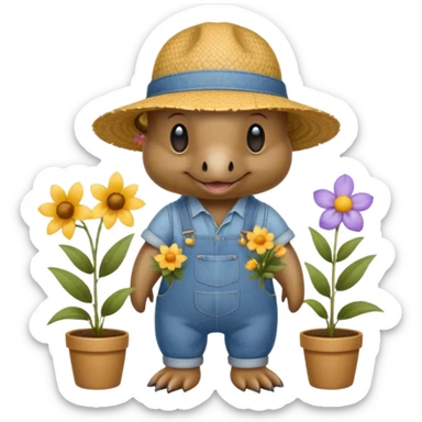 cute platypus in a straw gardening hat and blue denim overalls holding flowers sticker