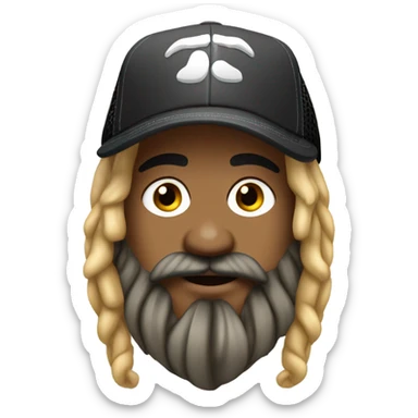Guy with  blonde and black dreadlocks tied behind head, , with beard and mustache, a trucker hat, septum ring sticker