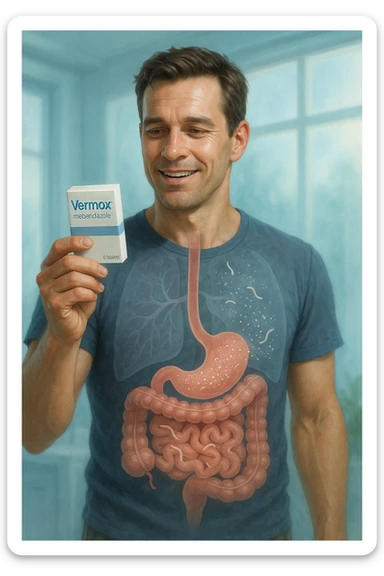 A realistic, cinematic illustration of a man in his late 30s holding a small white box of ‘Vermox’ (mebendazole) in one hand, with a relieved and hopeful expression on his face. Behind him, a semi-transparent overlay shows his digestive tract where small, symbolic worm-like parasites are dissolving and disappearing, indicating the medication’s effect. The environment is clean and bright, with a medical yet hopeful tone, conveying the concept of effective parasite removal. Subtle blue and green tones symbolize cleansing and health restoration, while the man appears energized and ready to reclaim his well-being sticker