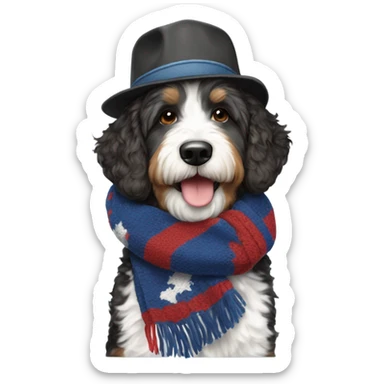 Bernedoodle with knoxville smokies hat and scarf sticker